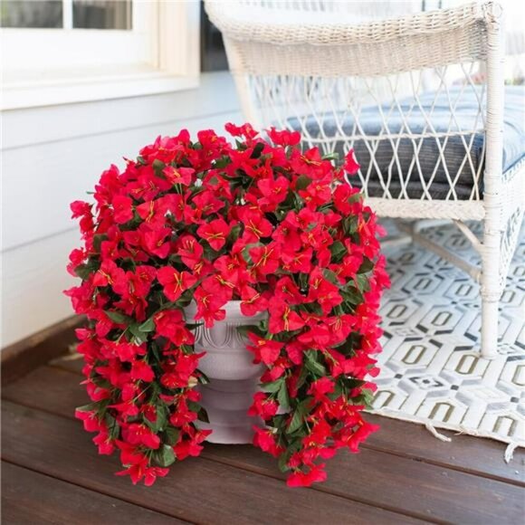 Faux Bougainvillea Flowers Outdoor Hanging UV Resistant Fake Vines Red 2 Pack - Picture 4 of 7